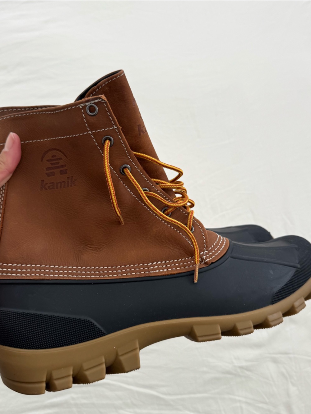 Kamik Brown Leather Lace-Up Duck Boot with Black Rubber Lower
